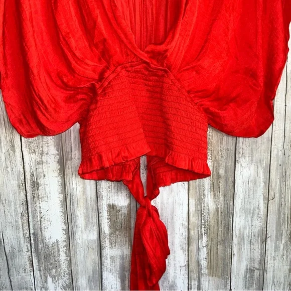 Lulus City Views Red Tie-Back Short Batwing-Sleeve Smocked Top - Picture 6 of 9